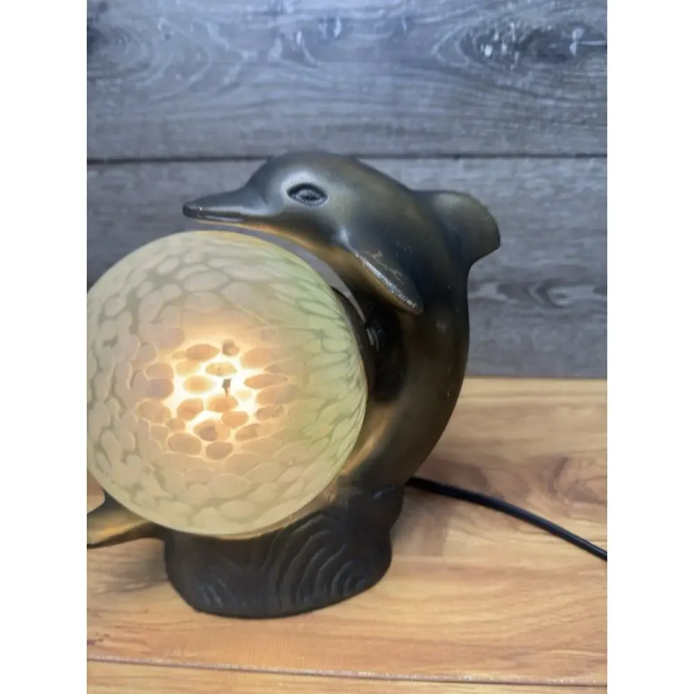 Vtg Art Deco Dolphin TV Lamp Figural Metal Bronze Tone Satin Glass Globe Light
